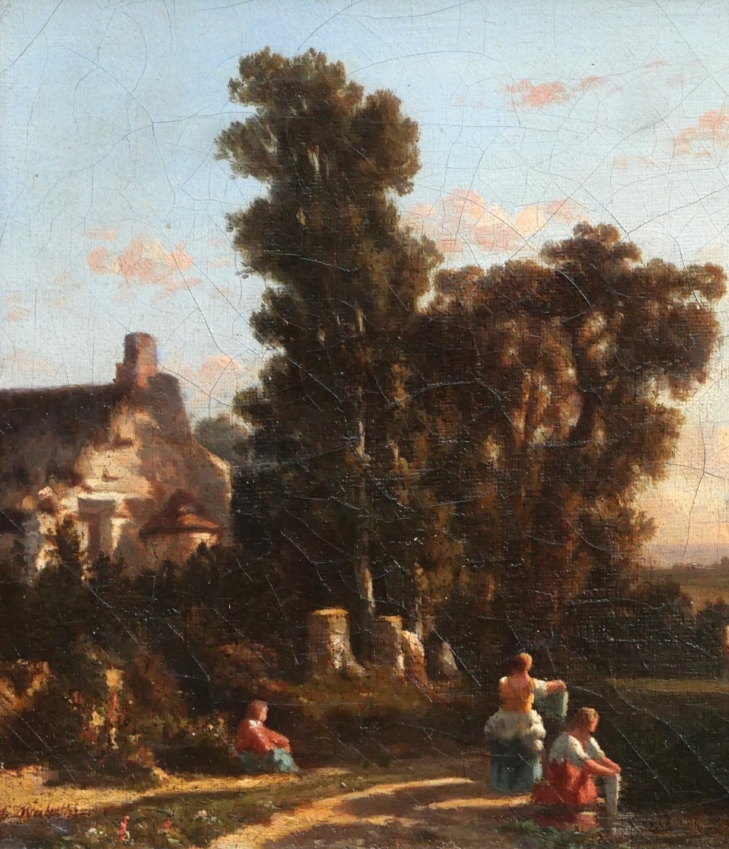 André Malathier, C. 1840, Landscape With Washerwomen, Evening Effect, Romantic Painting-photo-3