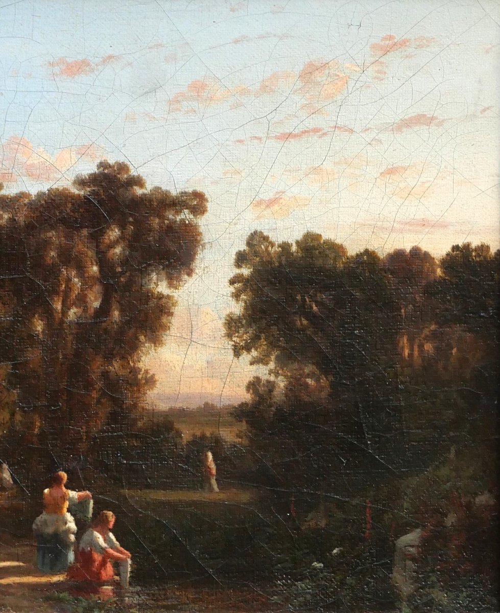 André Malathier, C. 1840, Landscape With Washerwomen, Evening Effect, Romantic Painting-photo-4