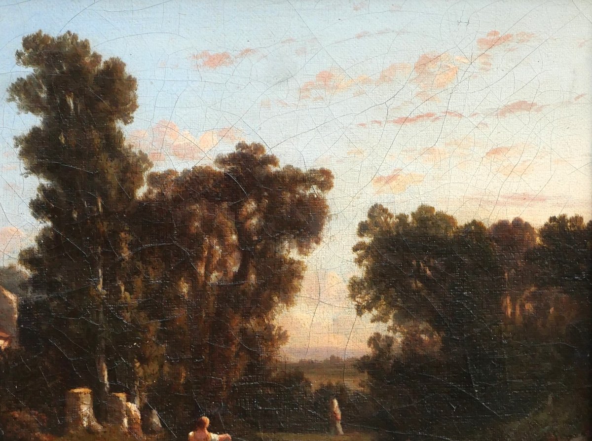 André Malathier, C. 1840, Landscape With Washerwomen, Evening Effect, Romantic Painting-photo-2
