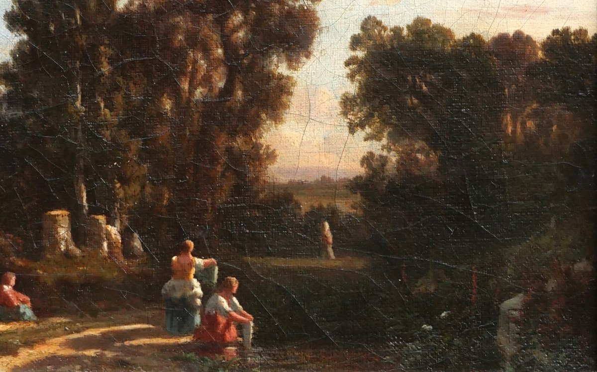 André Malathier, C. 1840, Landscape With Washerwomen, Evening Effect, Romantic Painting-photo-3