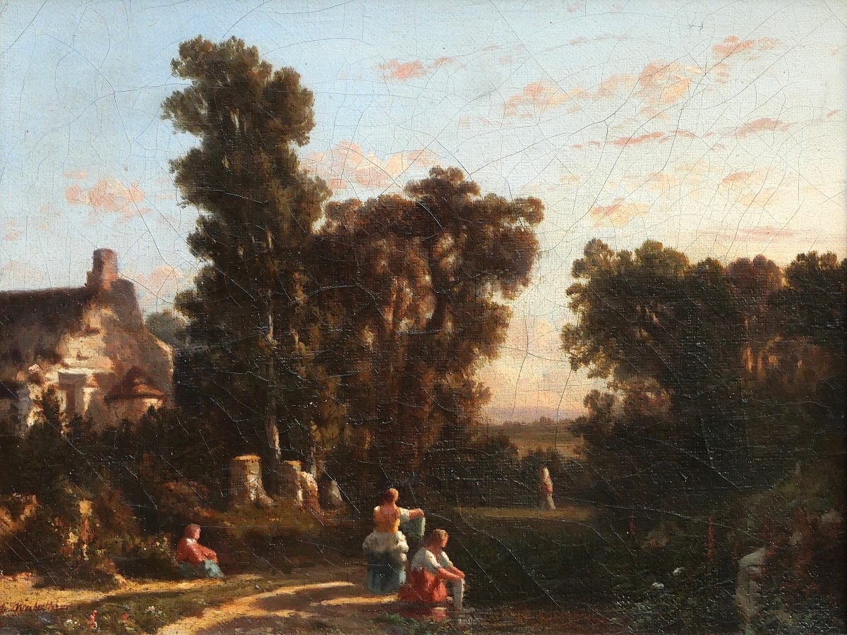 André Malathier, C. 1840, Landscape With Washerwomen, Evening Effect, Romantic Painting