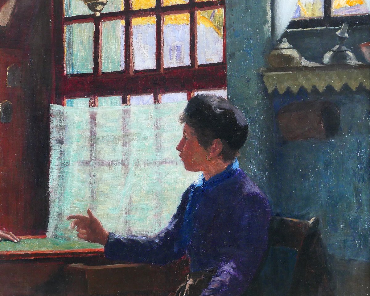 Reinhold Bressler 1868-1945 Netherlands, Couple Talking, Light Effect, Painting, Circa 1900-photo-1