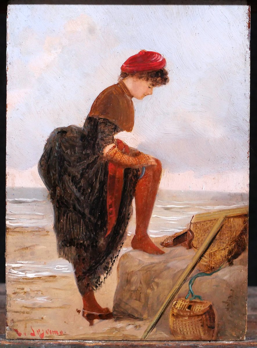 Adolphe-frédéric Lejeune 1849-1913 Woman On The Beach, Painting, Portrait Sea Impressionism-photo-3