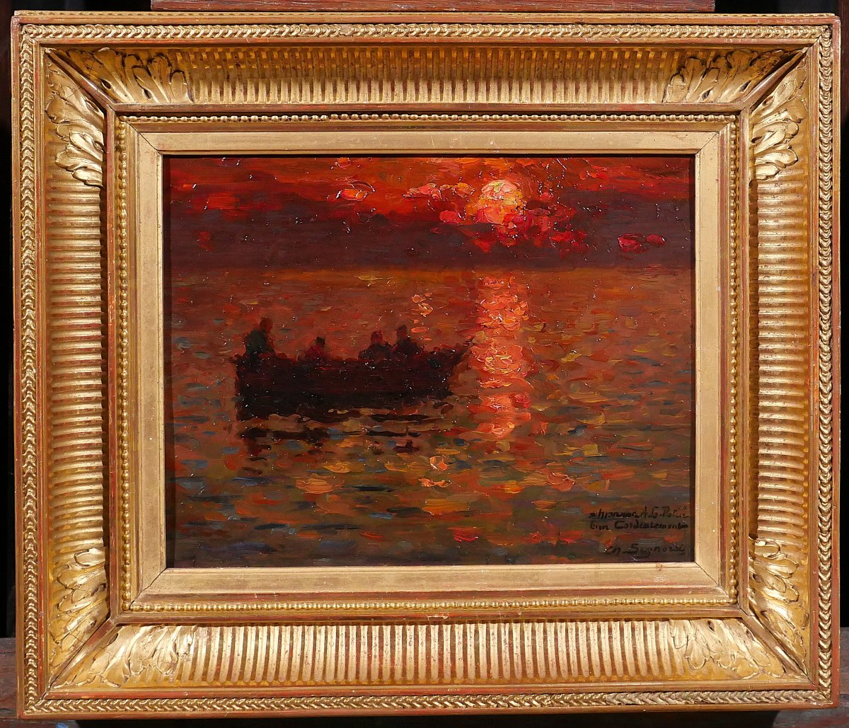 Charles Signoret 1867-1932 Seascape At Sunset, Painting, C.1900 Seascape Boat Impressionnism-photo-2