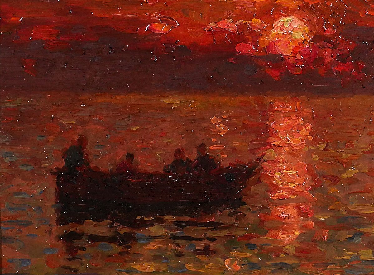 Charles Signoret 1867-1932 Seascape At Sunset, Painting, C.1900 Seascape Boat Impressionnism-photo-1