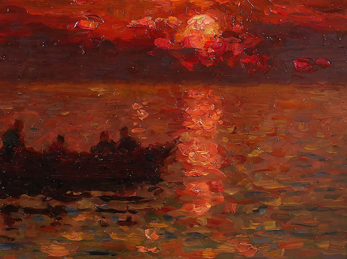 Charles Signoret 1867-1932 Seascape At Sunset, Painting, C.1900 Seascape Boat Impressionnism-photo-2