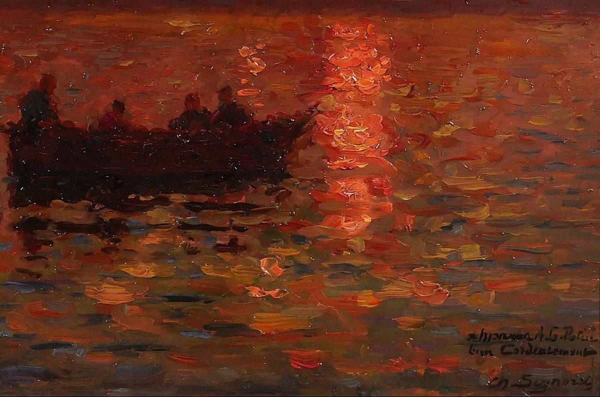 Charles Signoret 1867-1932 Seascape At Sunset, Painting, C.1900 Seascape Boat Impressionnism-photo-3