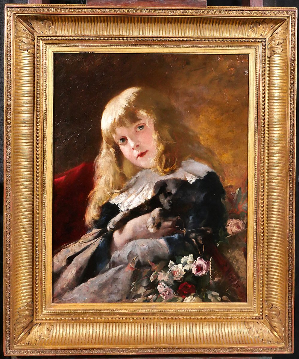Friedrich HEYSER 1857-1921 Portrait de jeune fille au chien, tableau, 1886, chien enfant-photo-2