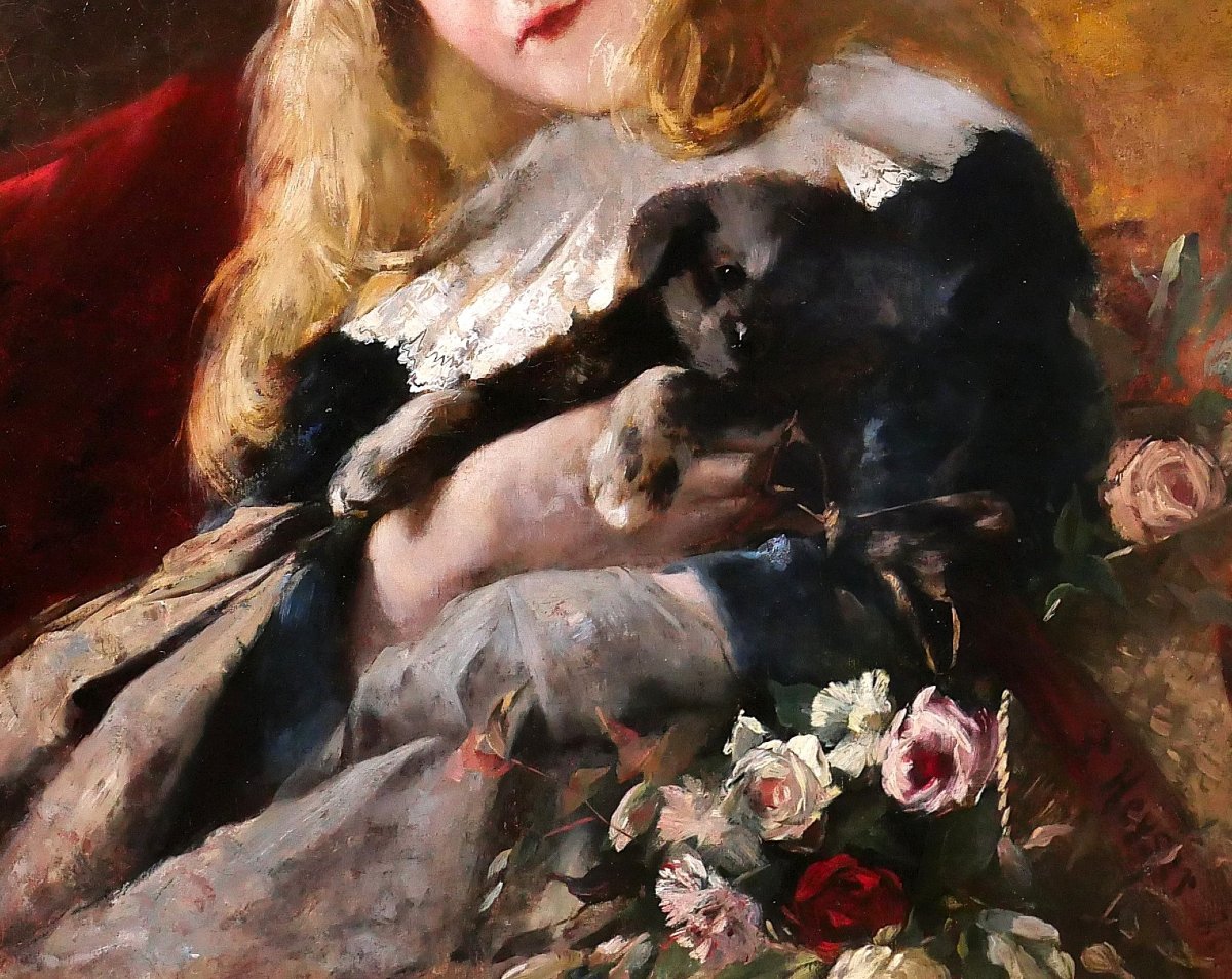 Friedrich HEYSER 1857-1921 Portrait de jeune fille au chien, tableau, 1886, chien enfant-photo-4