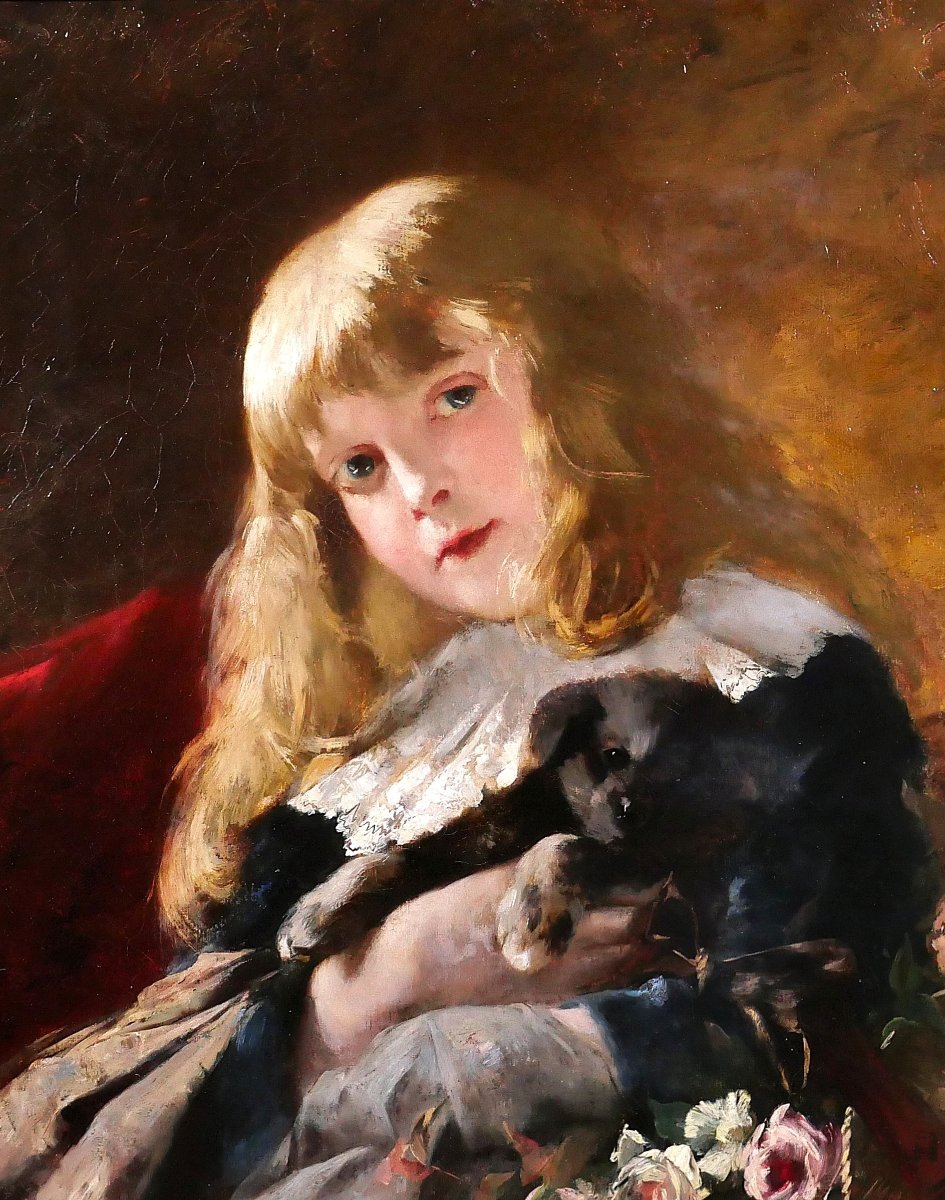 Friedrich HEYSER 1857-1921 Portrait de jeune fille au chien, tableau, 1886, chien enfant-photo-1