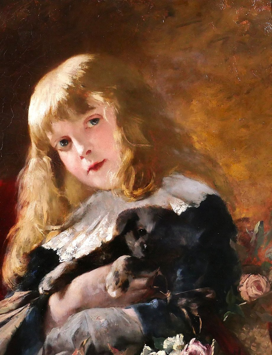 Friedrich HEYSER 1857-1921 Portrait de jeune fille au chien, tableau, 1886, chien enfant-photo-2