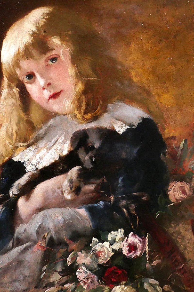 Friedrich HEYSER 1857-1921 Portrait de jeune fille au chien, tableau, 1886, chien enfant-photo-3