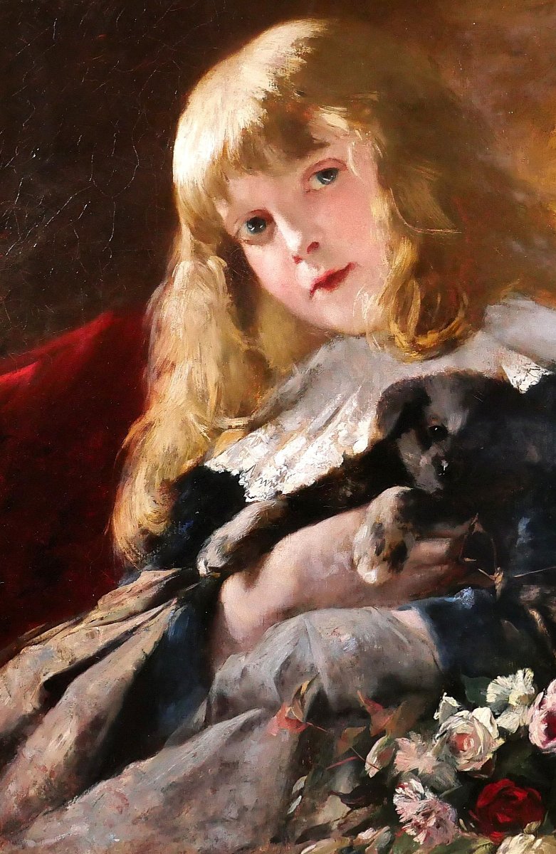 Friedrich HEYSER 1857-1921 Portrait de jeune fille au chien, tableau, 1886, chien enfant-photo-4