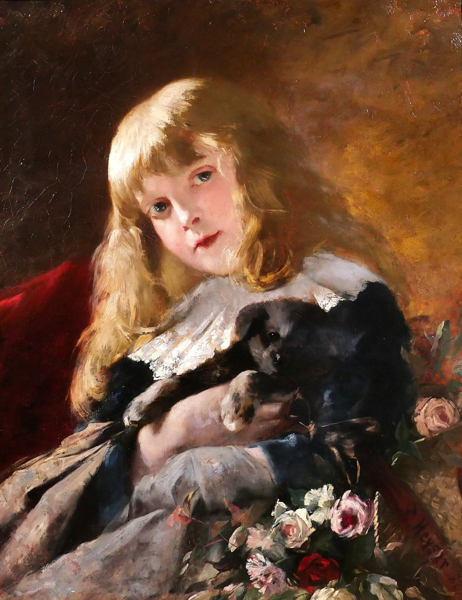Friedrich HEYSER 1857-1921 Portrait de jeune fille au chien, tableau, 1886, chien enfant