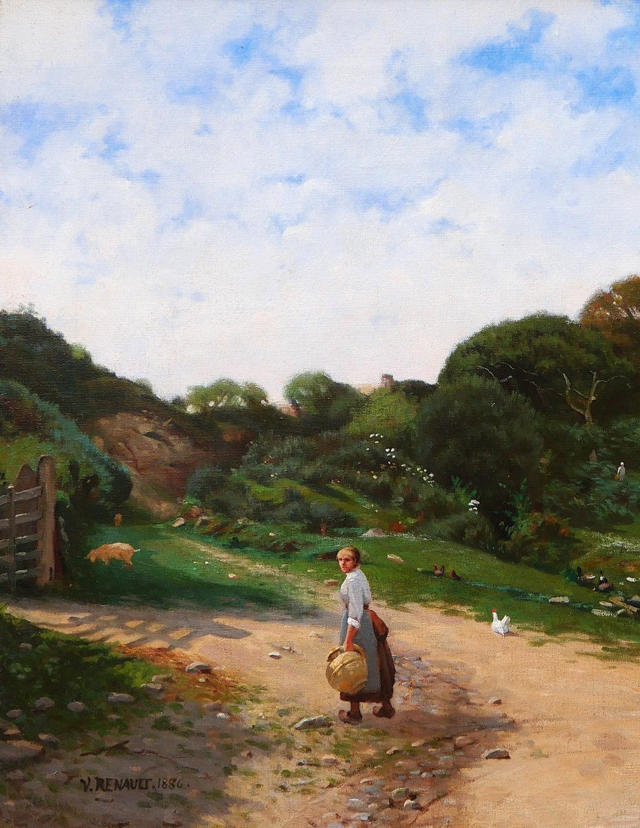 Victor Renault Des Graviers 1816-1904 Landscape At Farm, Painting, 1886 Impressionism Barbizon-photo-3