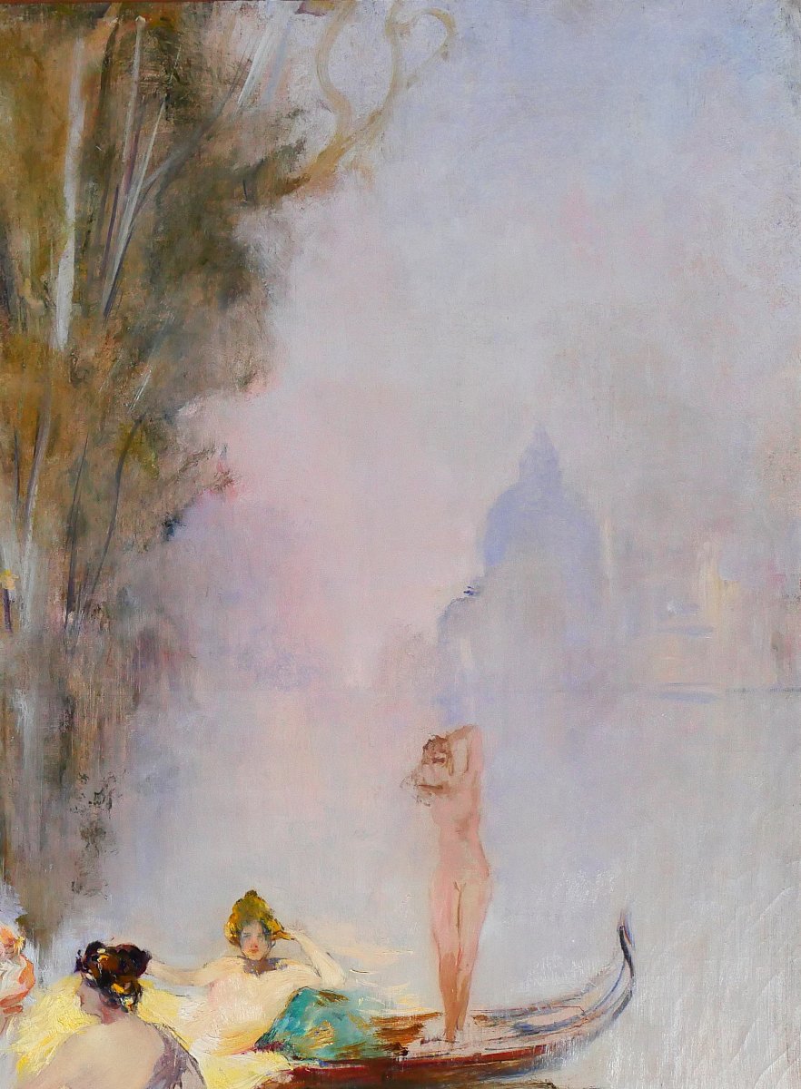 Raymond Allègre 1857-1933 Venice, Women In Front Of A Palace, Painting, Circa 1900, Italy-photo-2