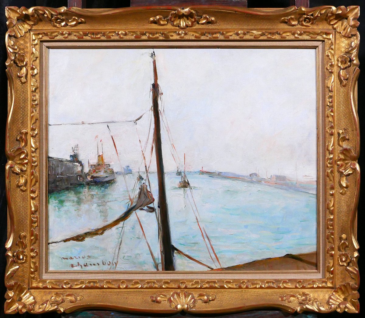 Marius Chambon 1876-1962 Boulogne-sur-mer, The Port, Painting, 1957 Seascape Boat-photo-2