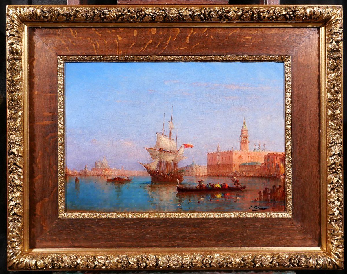 Charles CALDERON 1864-1932 Venise, paysage aux gondoles tableau, vers 1900 Italie bateau-photo-2