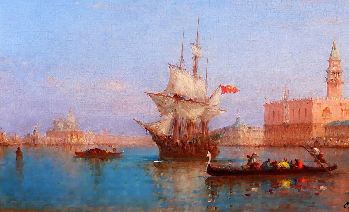 Charles CALDERON 1864-1932 Venise, paysage aux gondoles tableau, vers 1900 Italie bateau-photo-4