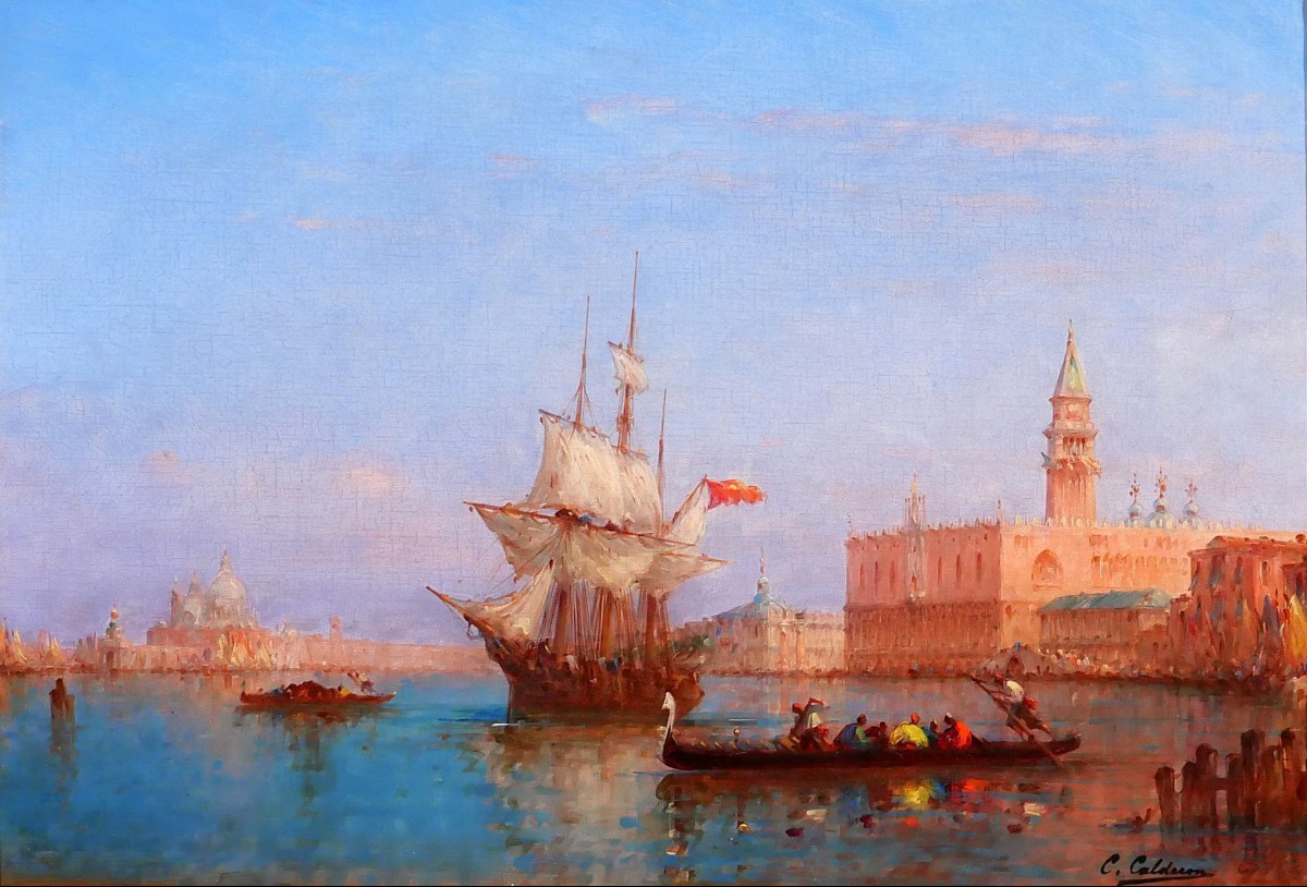 Charles CALDERON 1864-1932 Venise, paysage aux gondoles tableau, vers 1900 Italie bateau