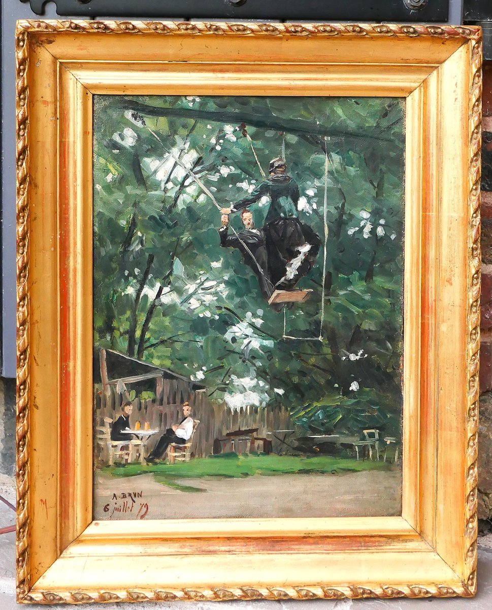 Alexandre BRUN 1853-1941 L'escarpolette de la guinguette, tableau impressionnisme 1879 paysage-photo-2