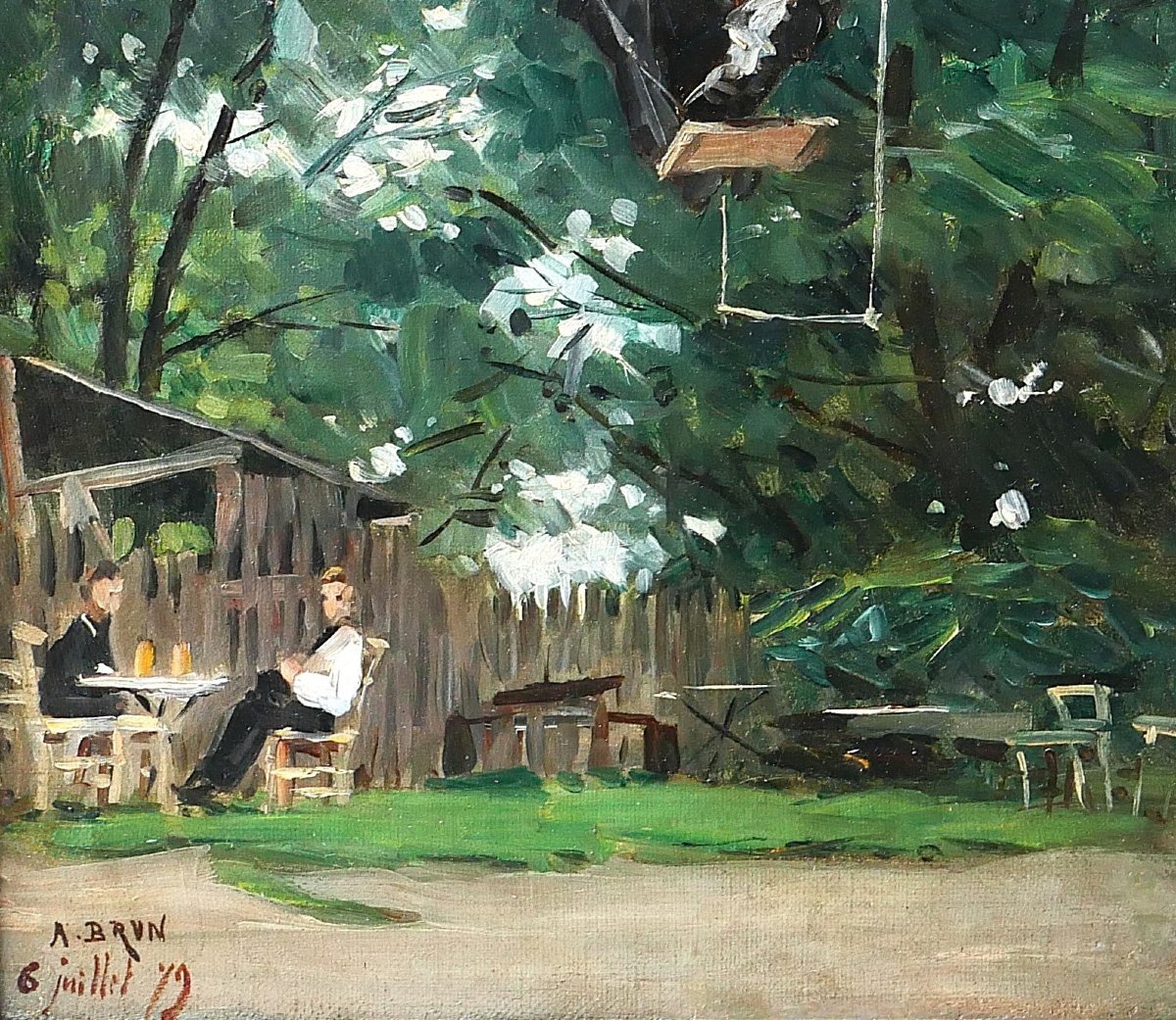 Alexandre BRUN 1853-1941 L'escarpolette de la guinguette, tableau impressionnisme 1879 paysage-photo-4