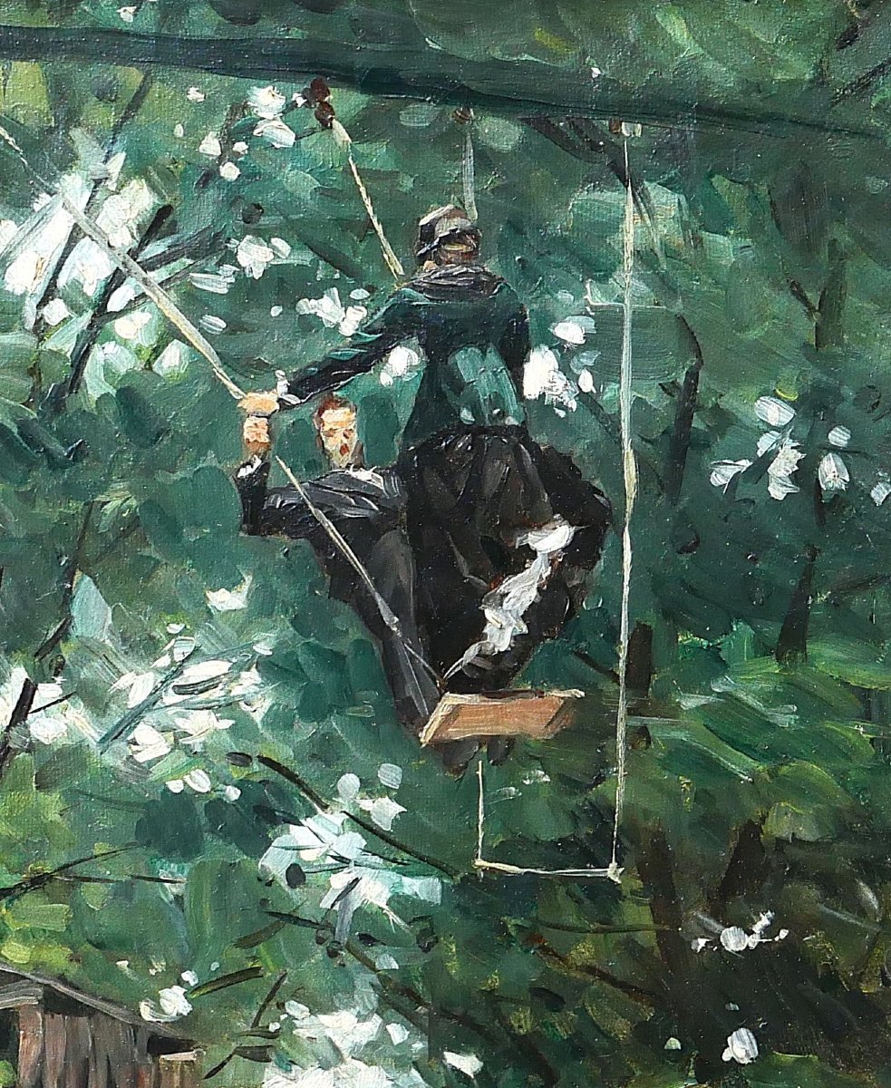 Alexandre BRUN 1853-1941 L'escarpolette de la guinguette, tableau impressionnisme 1879 paysage-photo-2