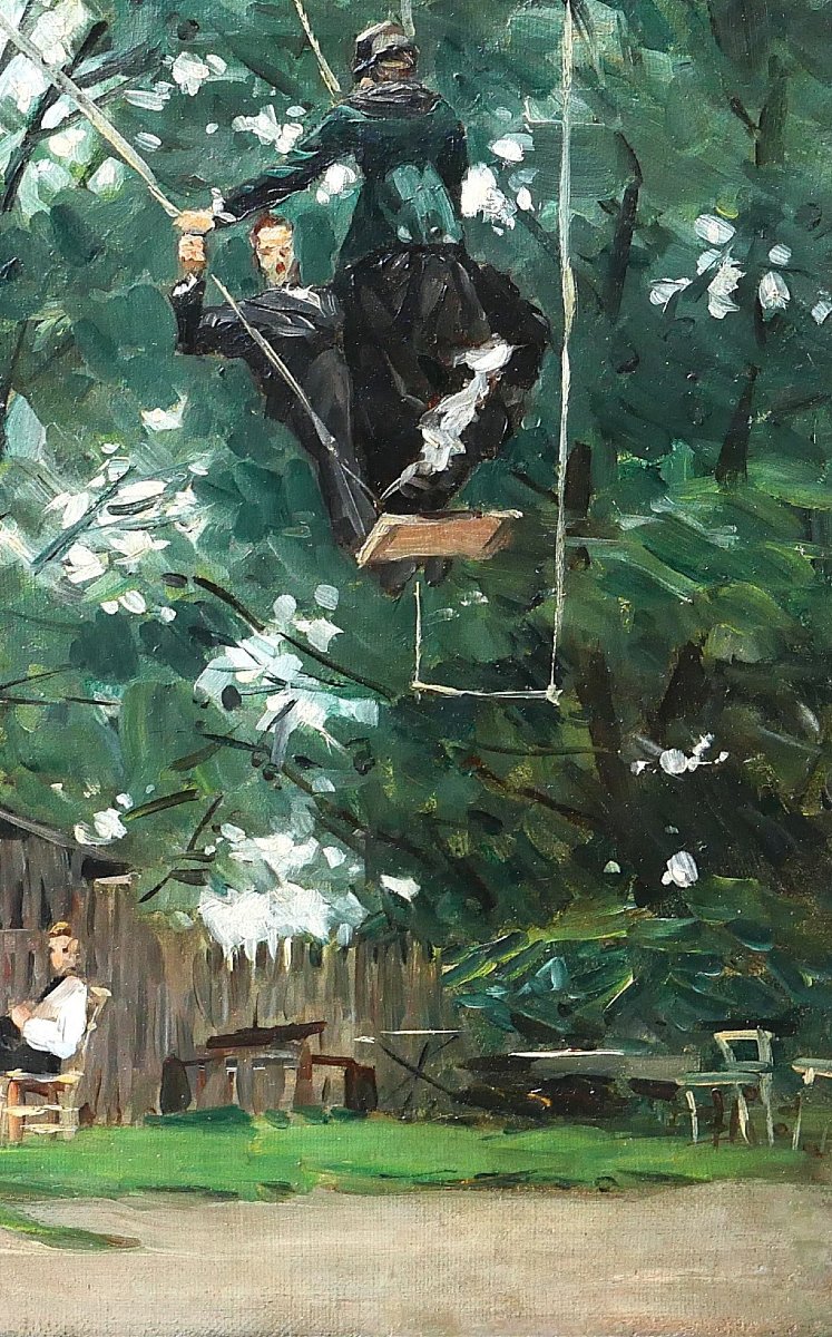 Alexandre BRUN 1853-1941 L'escarpolette de la guinguette, tableau impressionnisme 1879 paysage-photo-3