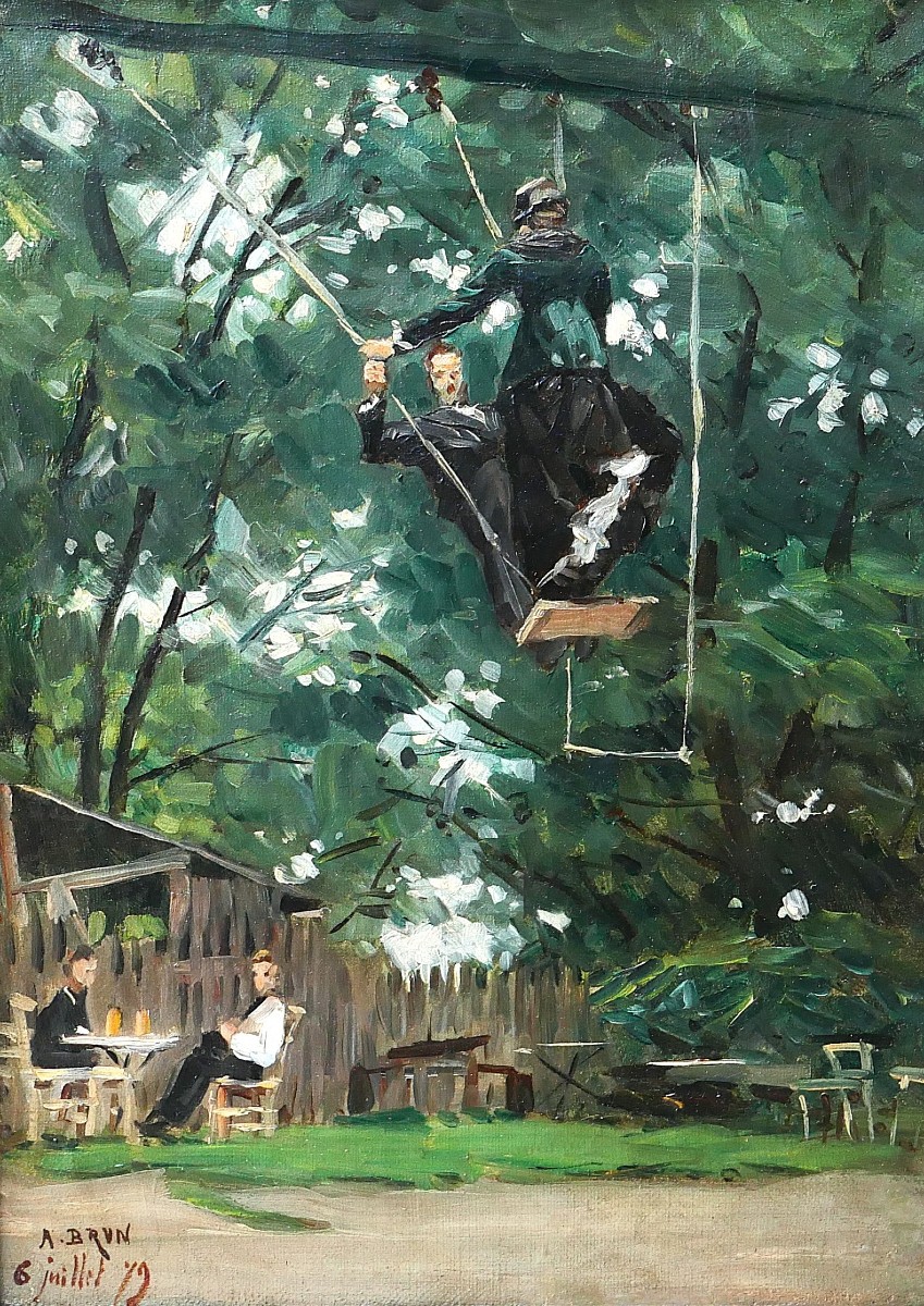 Alexandre BRUN 1853-1941 L'escarpolette de la guinguette, tableau impressionnisme 1879 paysage