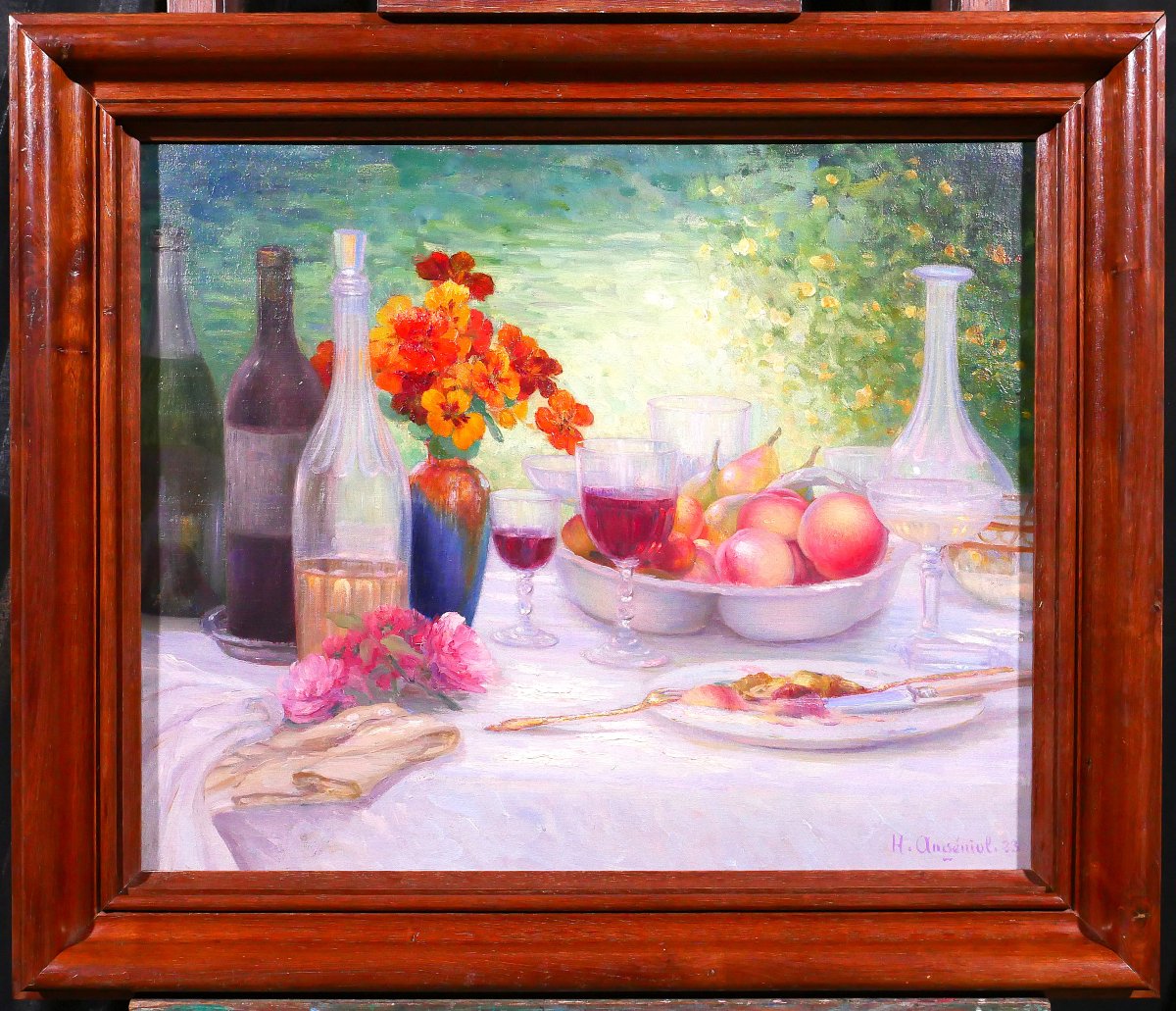 Henri ANGENIOL 1870-1959 Le déjeuner au jardin, tableau, nature morte Salon 1924 fleurs fruits-photo-2