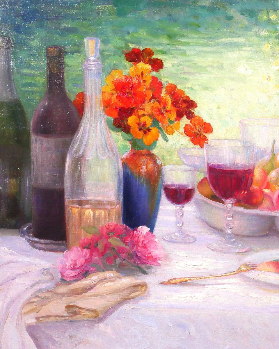 Henri ANGENIOL 1870-1959 Le déjeuner au jardin, tableau, nature morte Salon 1924 fleurs fruits-photo-3