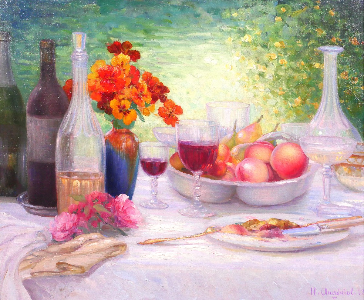 Henri ANGENIOL 1870-1959 Le déjeuner au jardin, tableau, nature morte Salon 1924 fleurs fruits