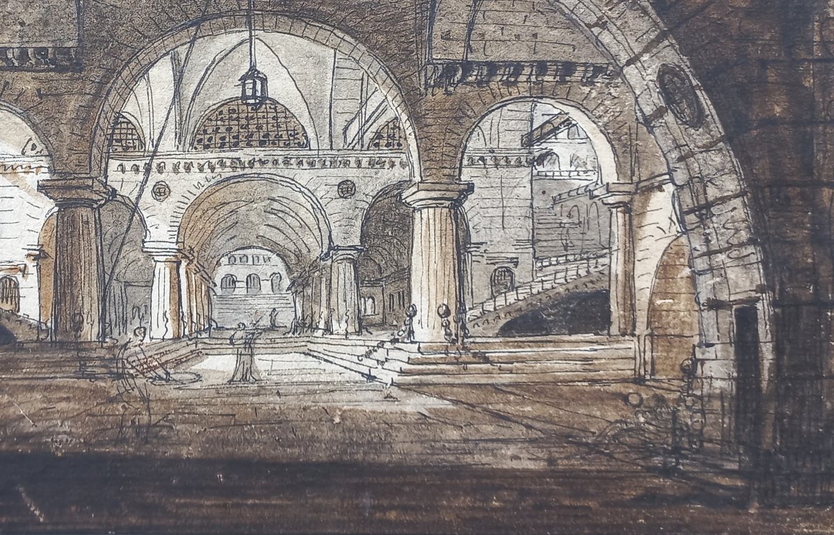 Jean-Baptiste COSTE 1746-1819 Architecture imaginaire vers 1780 dessin néoclassique perspective-photo-3