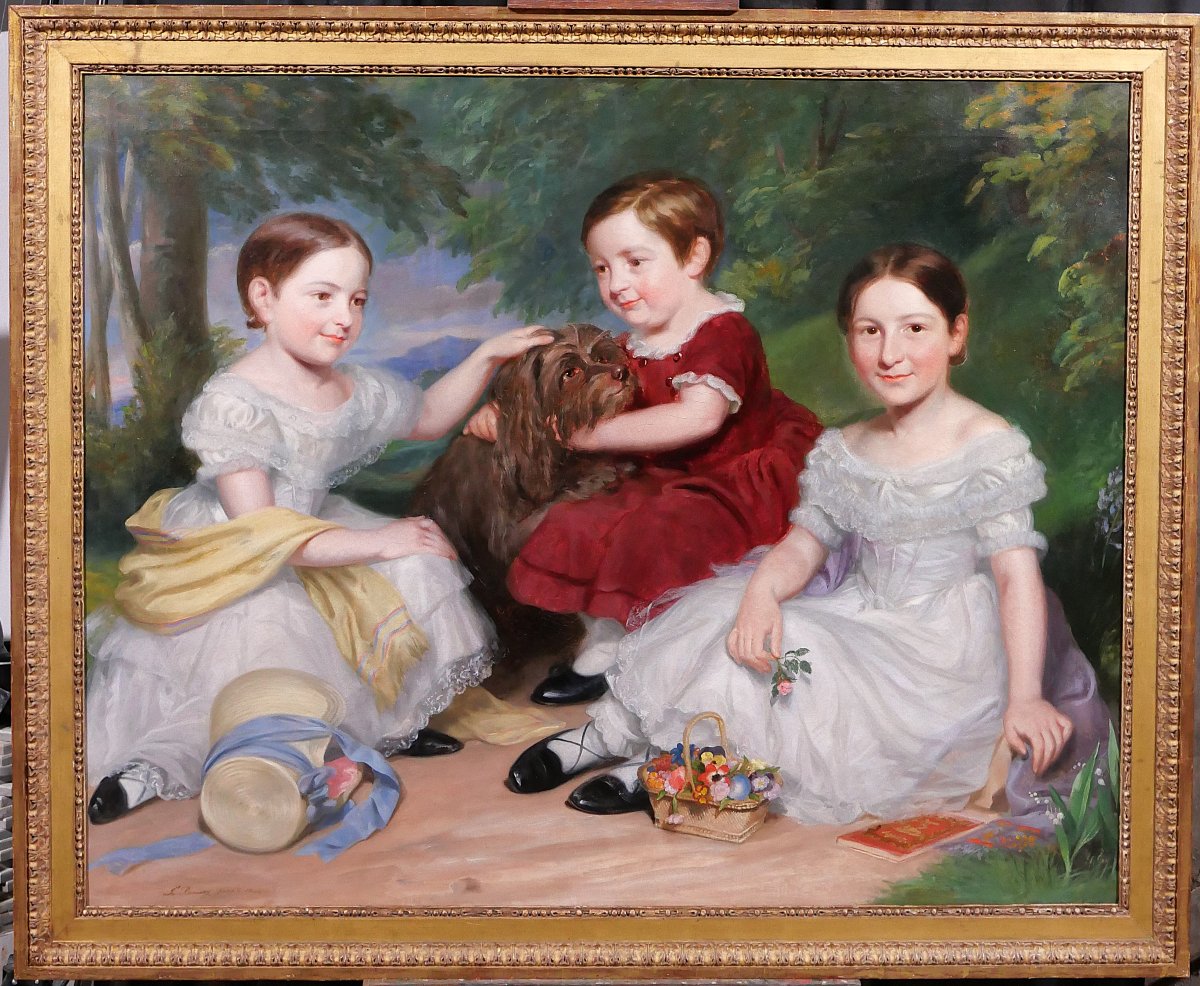 James Ramsay 1789-1854 Portrait Of Children And Dog, Large Painting 1844 Family England-photo-2