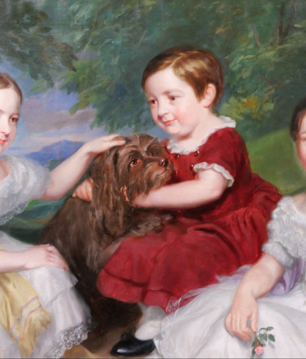 James Ramsay 1789-1854 Portrait Of Children And Dog, Large Painting 1844 Family England-photo-1