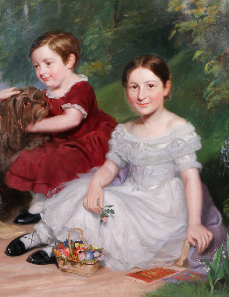 James Ramsay 1789-1854 Portrait Of Children And Dog, Large Painting 1844 Family England-photo-2