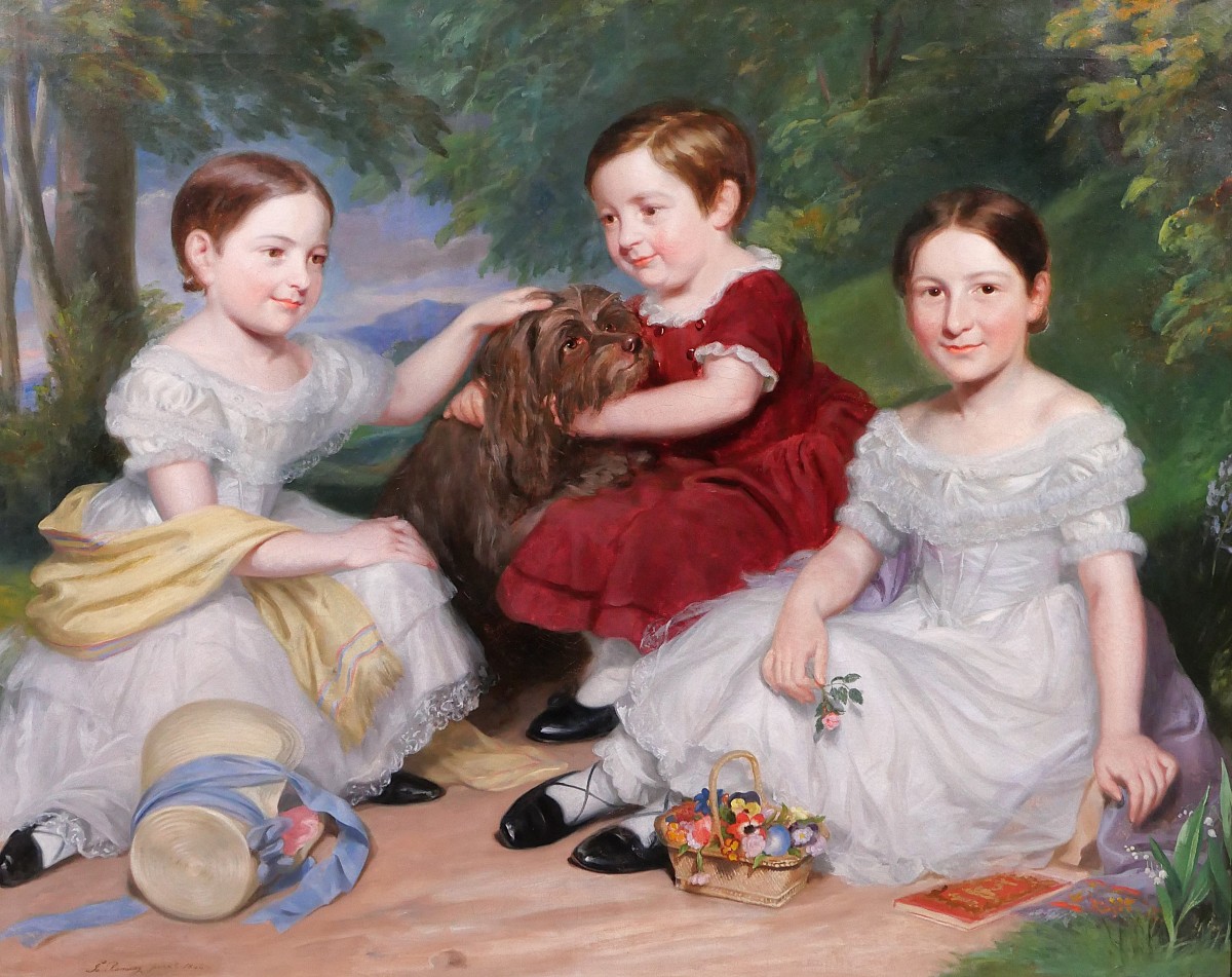 James Ramsay 1789-1854 Portrait Of Children And Dog, Large Painting 1844 Family England