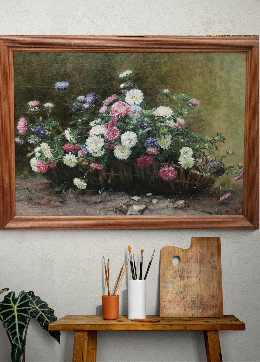 Albert Bru, Still Life Of Flowers, Daisy, Large Painting 1886 Impressionism-photo-3