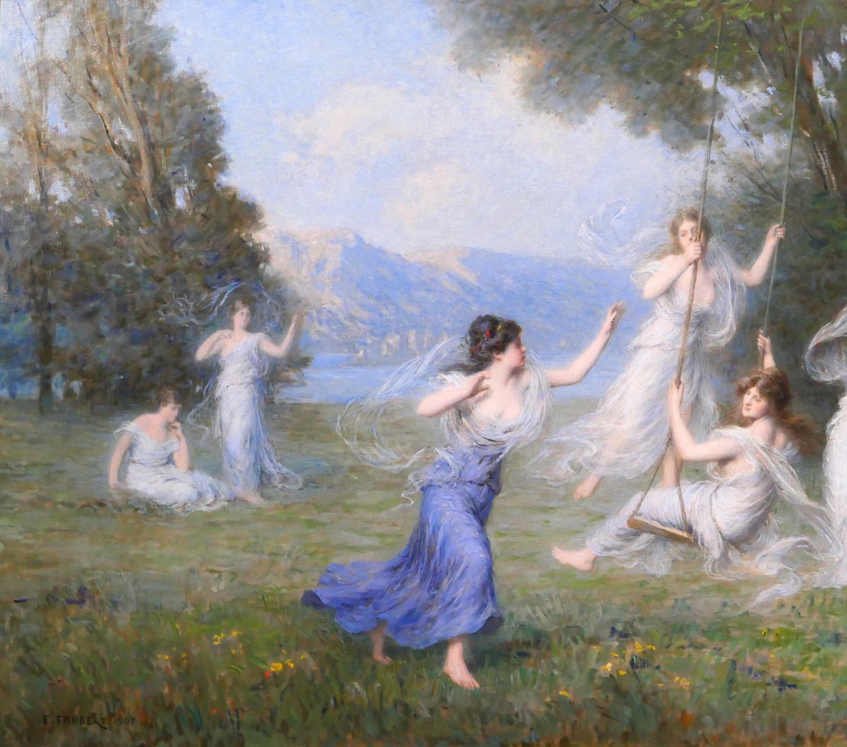 Emile-louis Foubert 1848-1911 The Swing, Large Painting, Salon 1907 Nymph Woman Landscape-photo-3