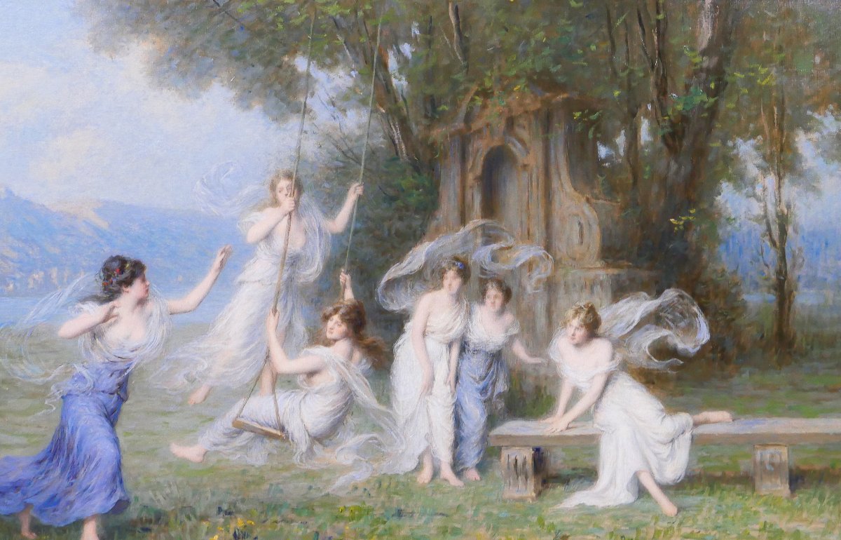 Emile-louis Foubert 1848-1911 The Swing, Large Painting, Salon 1907 Nymph Woman Landscape-photo-2
