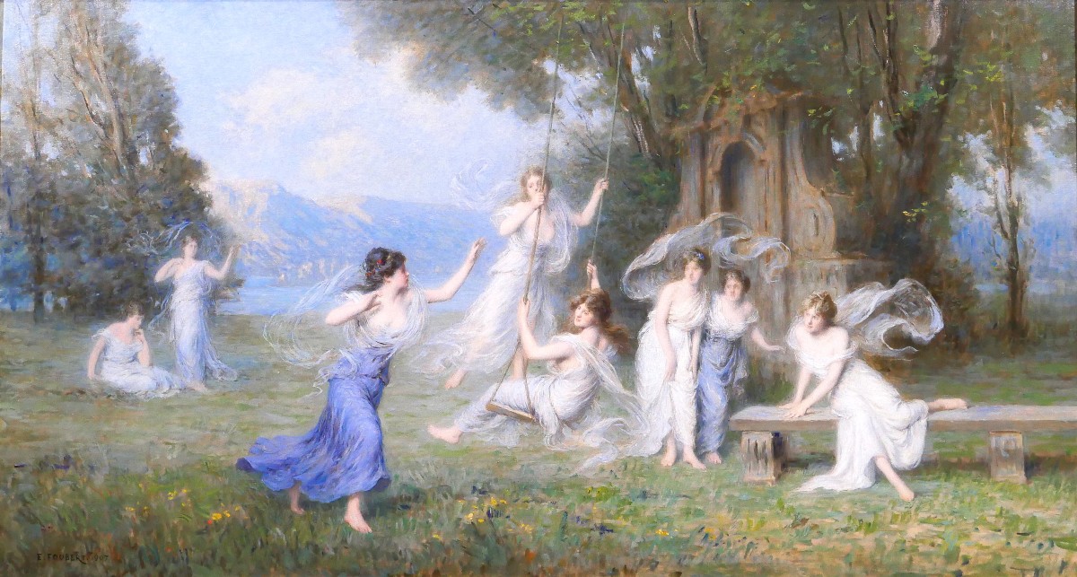 Emile-louis Foubert 1848-1911 The Swing, Large Painting, Salon 1907 Nymph Woman Landscape