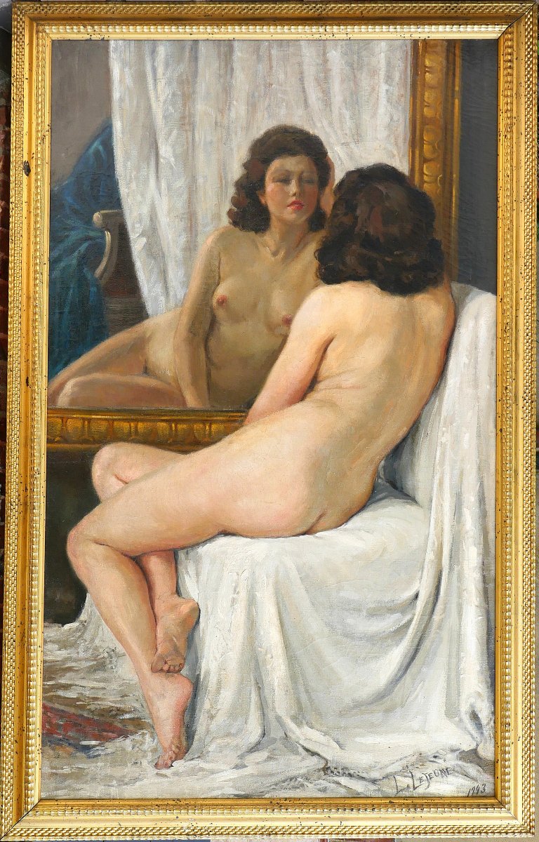 Lucien Lejeune 1870-1953 Femme nue au miroir, grand tableau, 1943 Belgique-photo-2