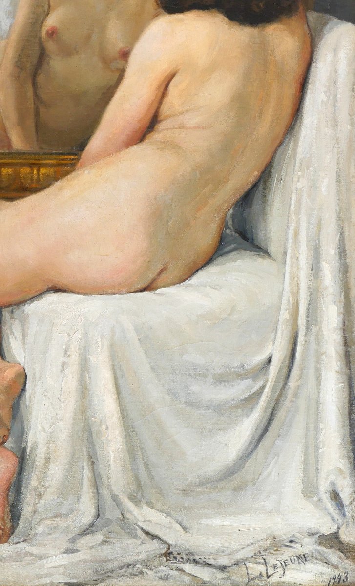 Lucien Lejeune 1870-1953 Femme nue au miroir, grand tableau, 1943 Belgique-photo-4