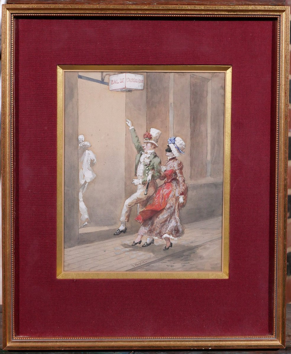 Orlando NORIE 1832-1901 Couple au bal de l'abreuvoir, dessin humour-photo-2