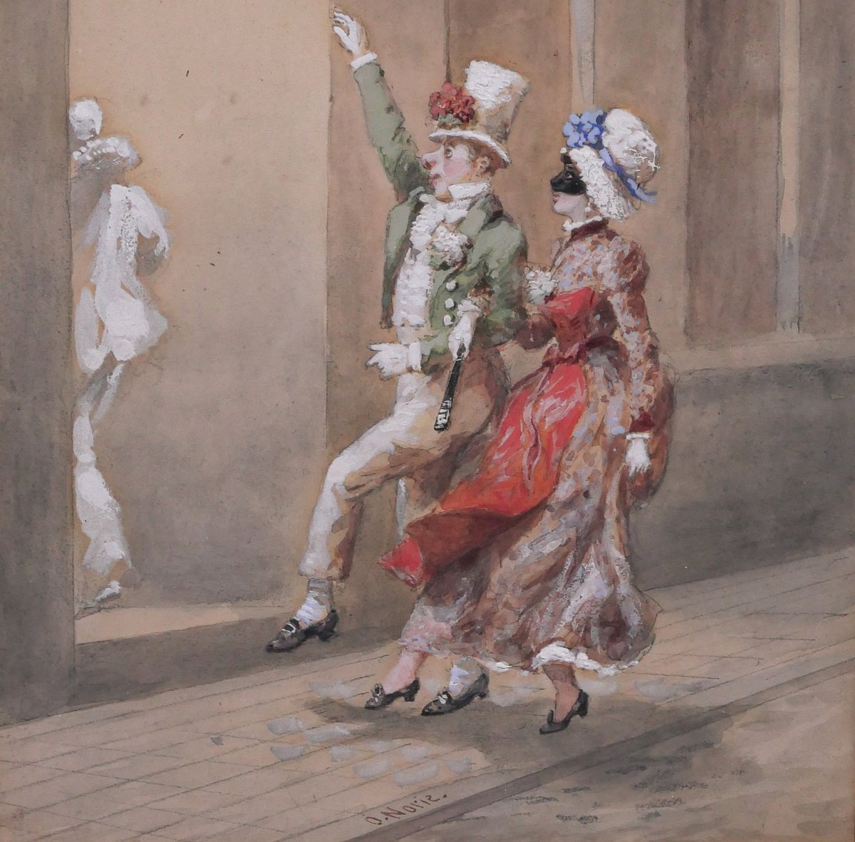 Orlando NORIE 1832-1901 Couple au bal de l'abreuvoir, dessin humour-photo-4