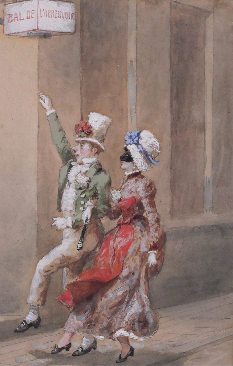 Orlando NORIE 1832-1901 Couple au bal de l'abreuvoir, dessin humour-photo-2