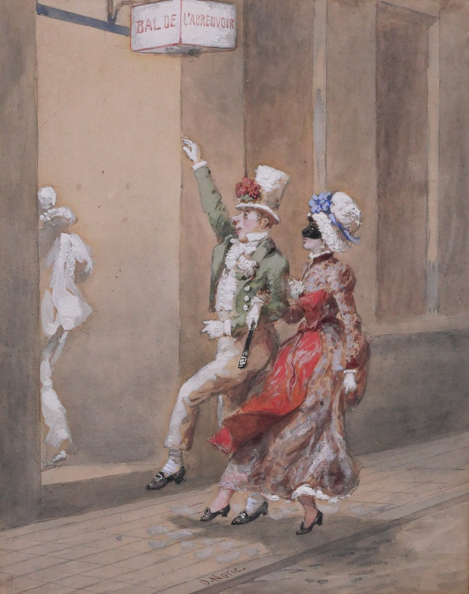 Orlando NORIE 1832-1901 Couple au bal de l'abreuvoir, dessin humour