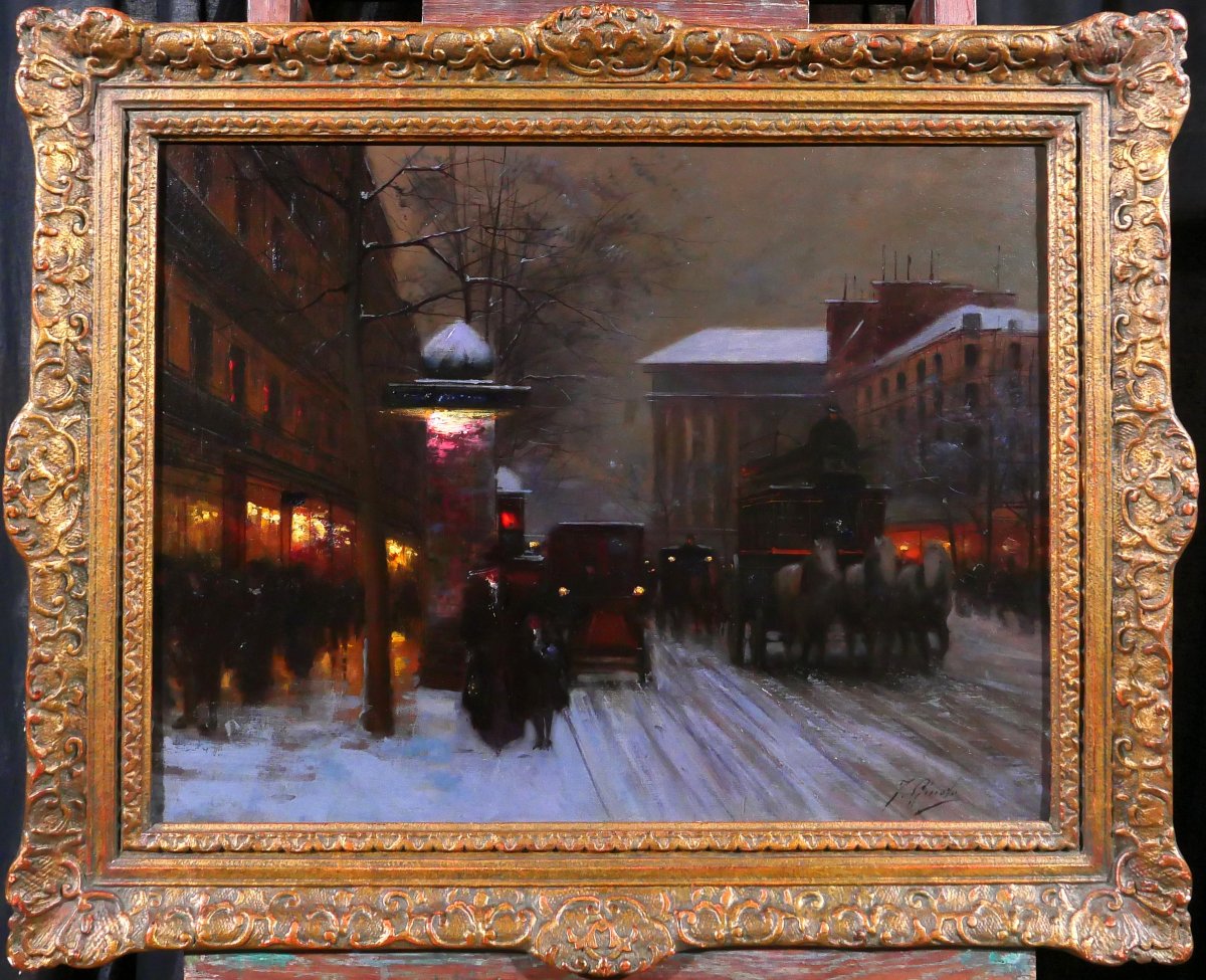 Fausto Giusto, 1867-1941, Paris, effet de nuit et de neige, tableau, vers 1900, paysage-photo-2