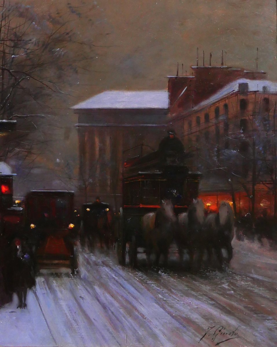 Fausto Giusto, 1867-1941, Paris, effet de nuit et de neige, tableau, vers 1900, paysage-photo-4