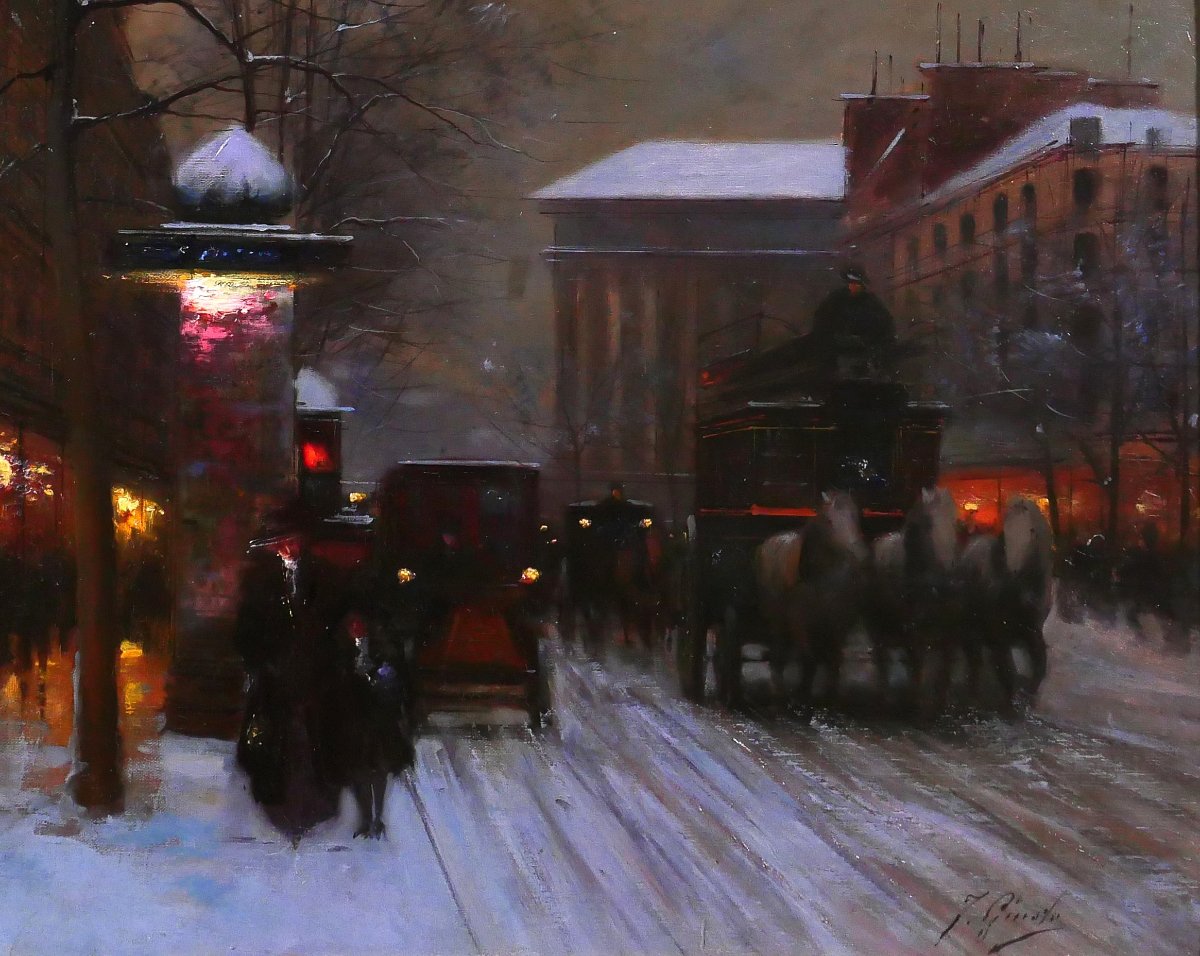 Fausto Giusto, 1867-1941, Paris, effet de nuit et de neige, tableau, vers 1900, paysage-photo-3